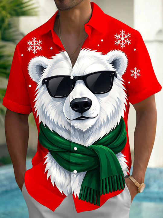 Adaychic Men's Short Sleeve Shirt - Christmas Polar Bear With Sunglasses And Green Scarf Print with Chest Pocket