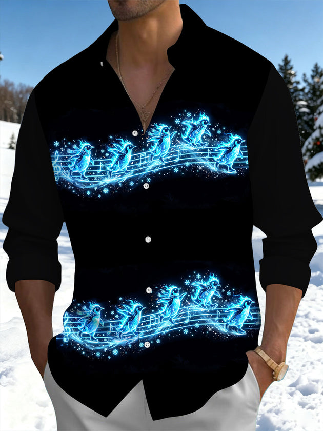 Adaychic Men's Long Sleeve Shirt - Glowing Blue Penguins On Musical Staff With Snowflakes Print with Chest Pocket