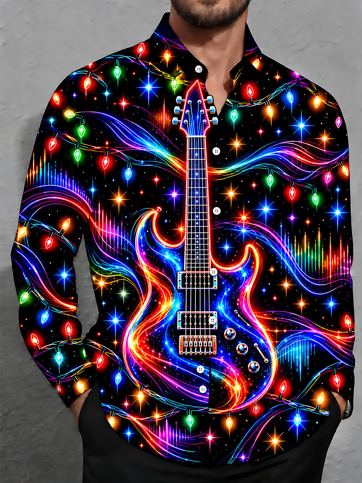 Adaychic Men's Long Sleeve Shirt - Neon Electric Guitar And Christmas Light Strings Print with Chest Pocket