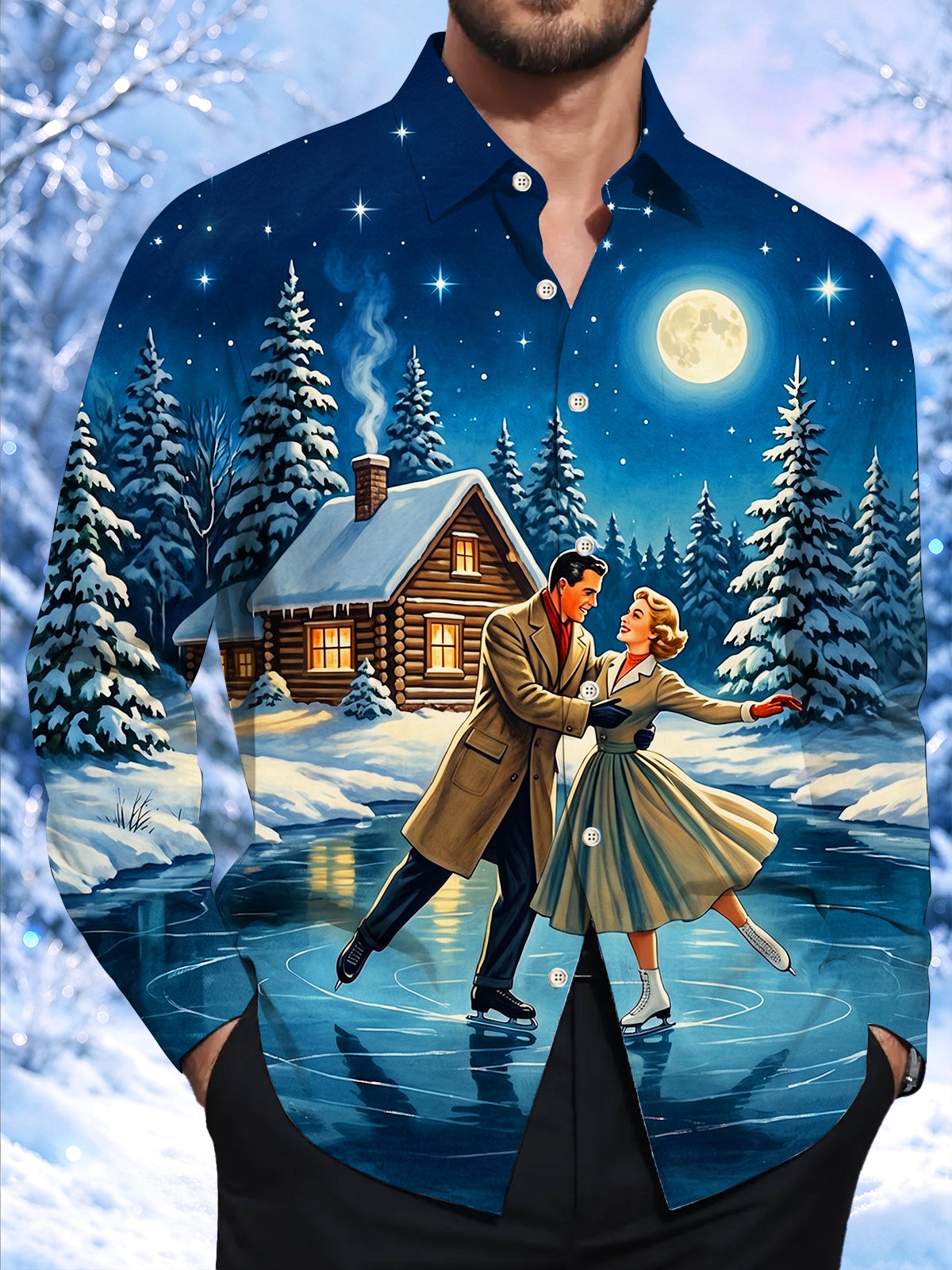 Adaychic Men's Vintage Style Vintage Couple Ice Skating Print Long Sleeve Shirt with Chest Pocket