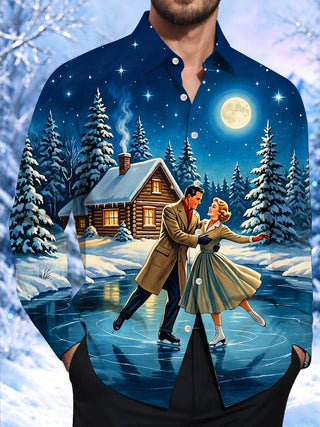 Adaychic Men's Vintage Style Vintage Couple Ice Skating Print Long Sleeve Shirt with Chest Pocket
