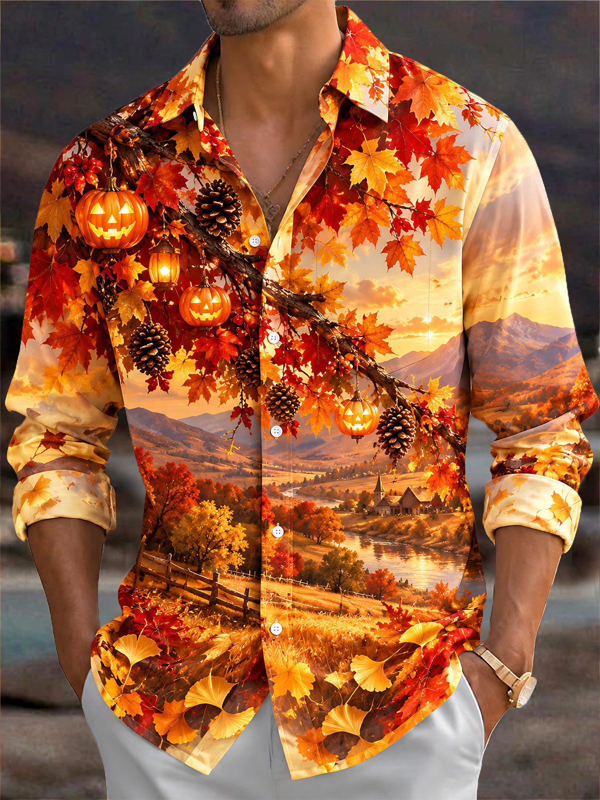 Adaychic Men's Long Sleeve Shirt - Halloween Autumn Landscape With Jack-o-lanterns And Pinecones Print with Chest Pocket
