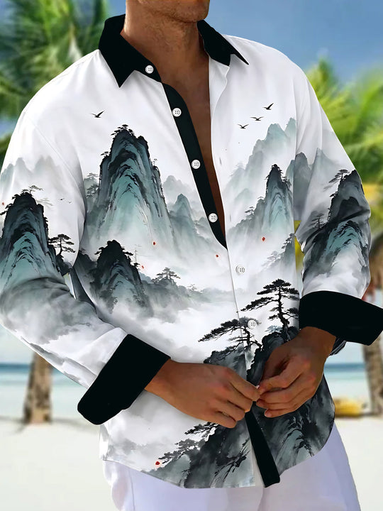 Adaychic Men's Long Sleeve Shirt - Chinese Landscape Mountains And Pine Trees Print with Chest Pocket