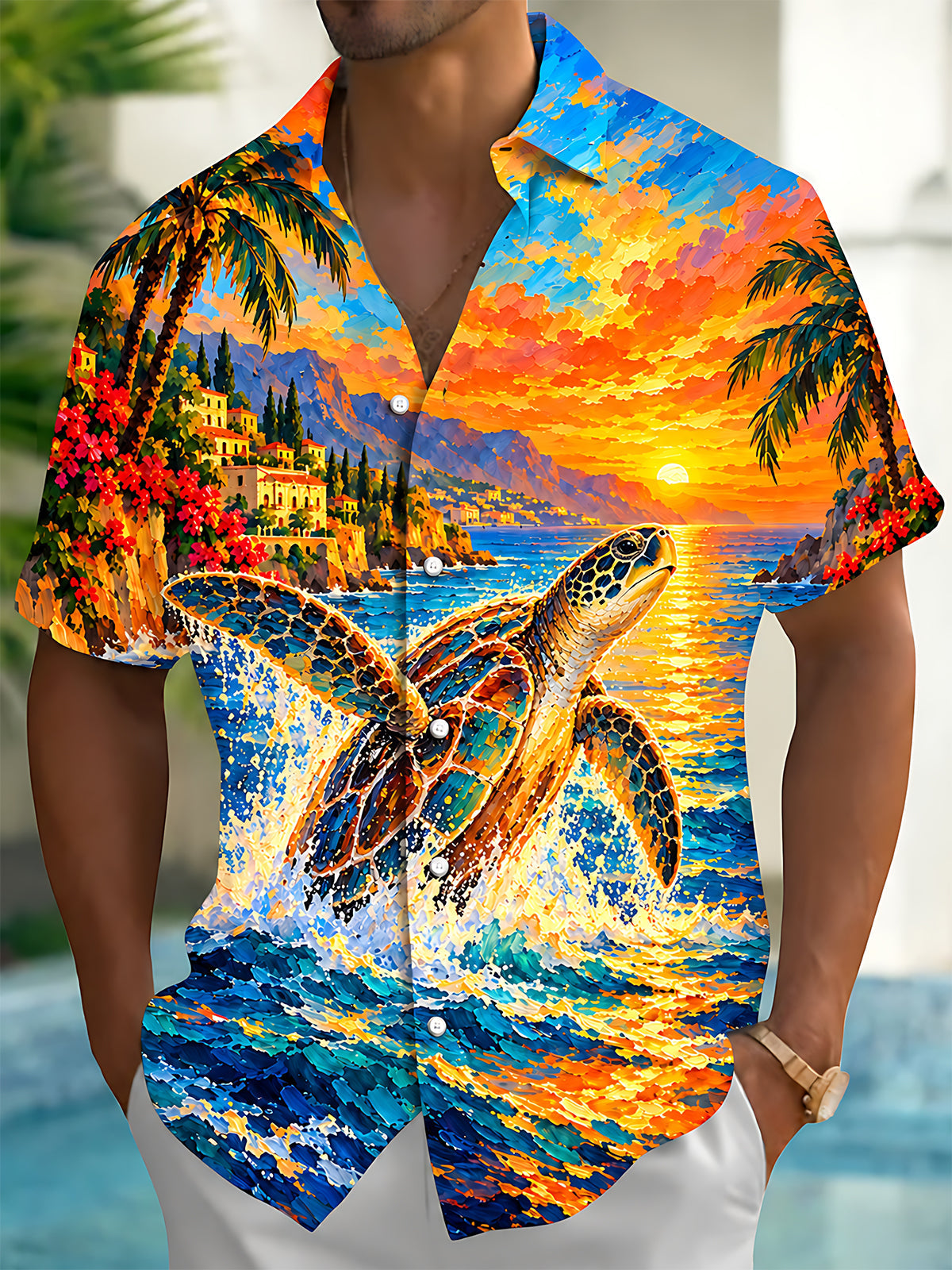 Adaychic Men's Hawaiian Sea Turtle Print Short Sleeve Shirt with Chest Pocket