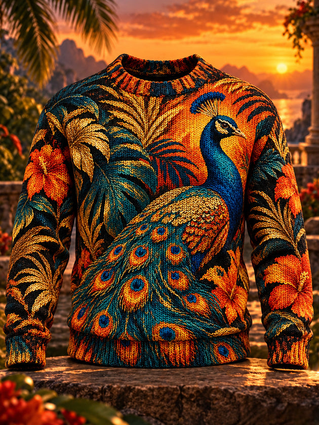 Adaychic Men's Peacock And Tropical Flowers Print Long Sleeve Crew Neck Sweater