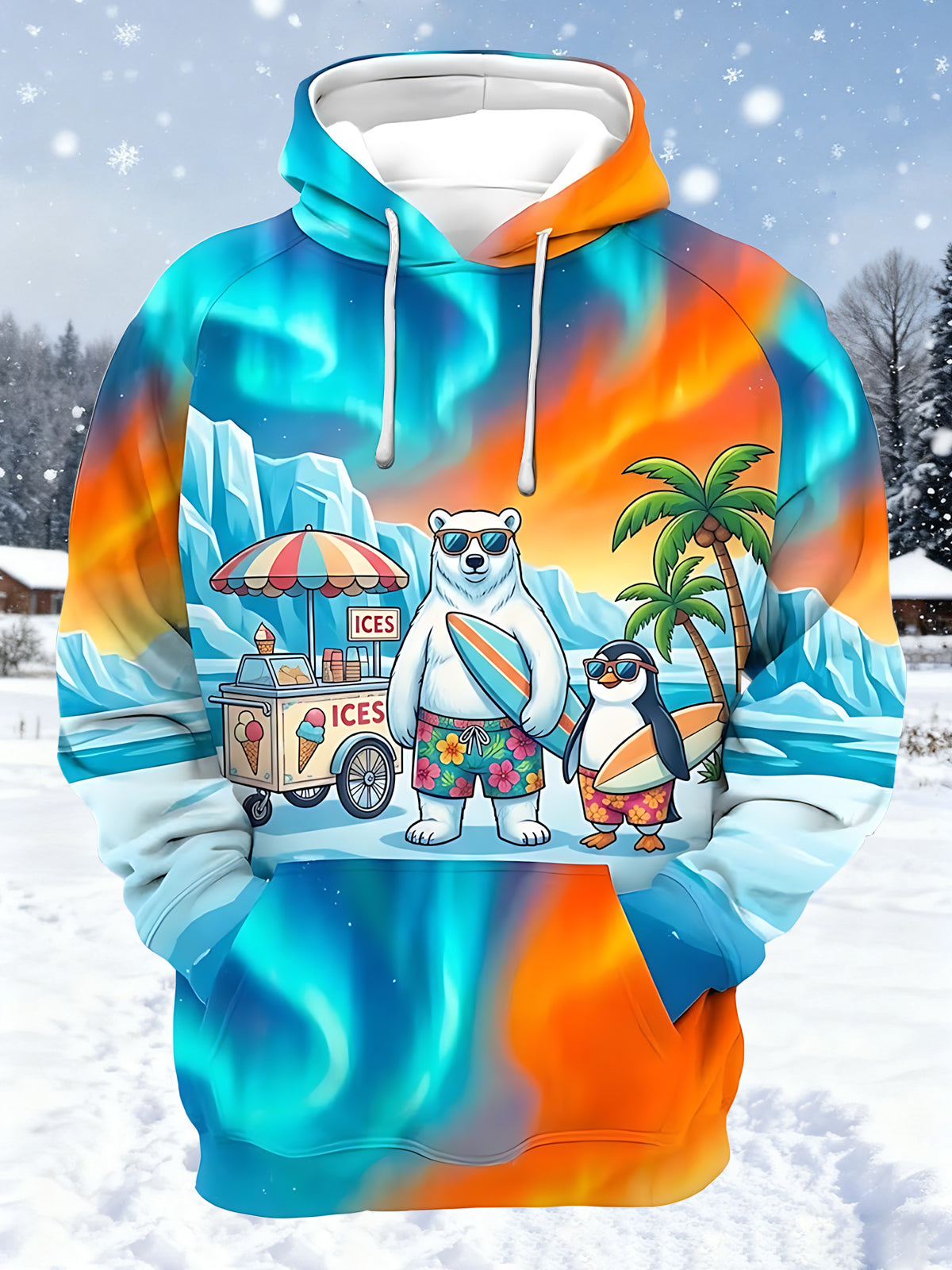 Adaychic Men's Graphic Polar Bear And Penguin Surfing Print Long Sleeve Hoodie