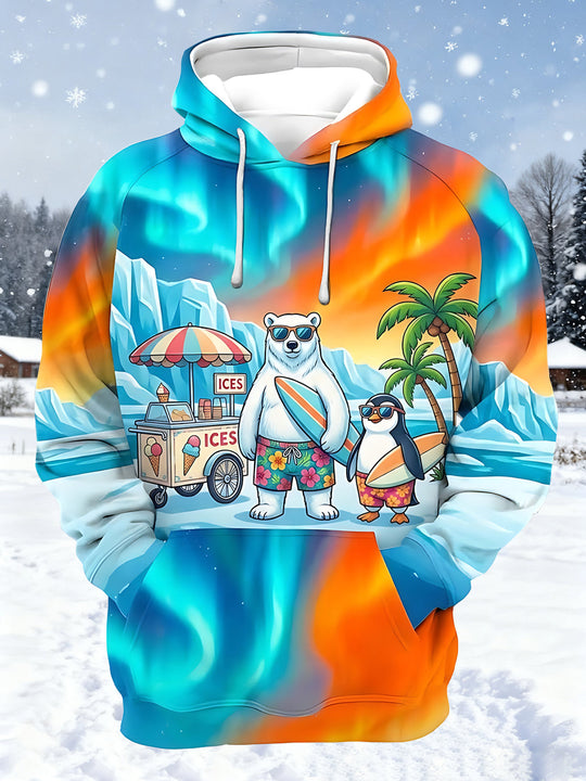 Adaychic Men's Graphic Polar Bear And Penguin Surfing Print Long Sleeve Hoodie