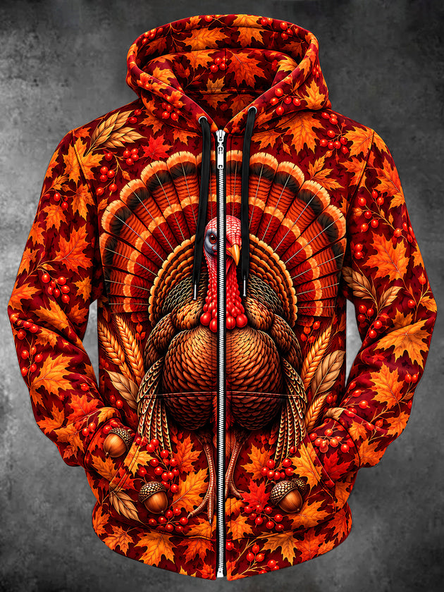 Adaychic Men's Long Sleeve Zip-Up Hoodie - Thanksgiving Turkey With Autumn Leaves And Berries Print