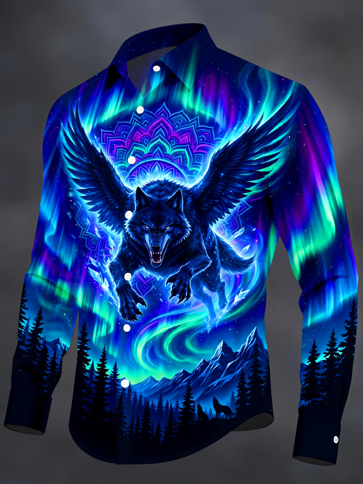 Adaychic Men's Winged Wolf With Mandala Print Long Sleeve Shirt with Chest Pocket
