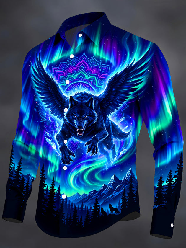 Adaychic Men's Winged Wolf With Mandala Print Long Sleeve Shirt with Chest Pocket