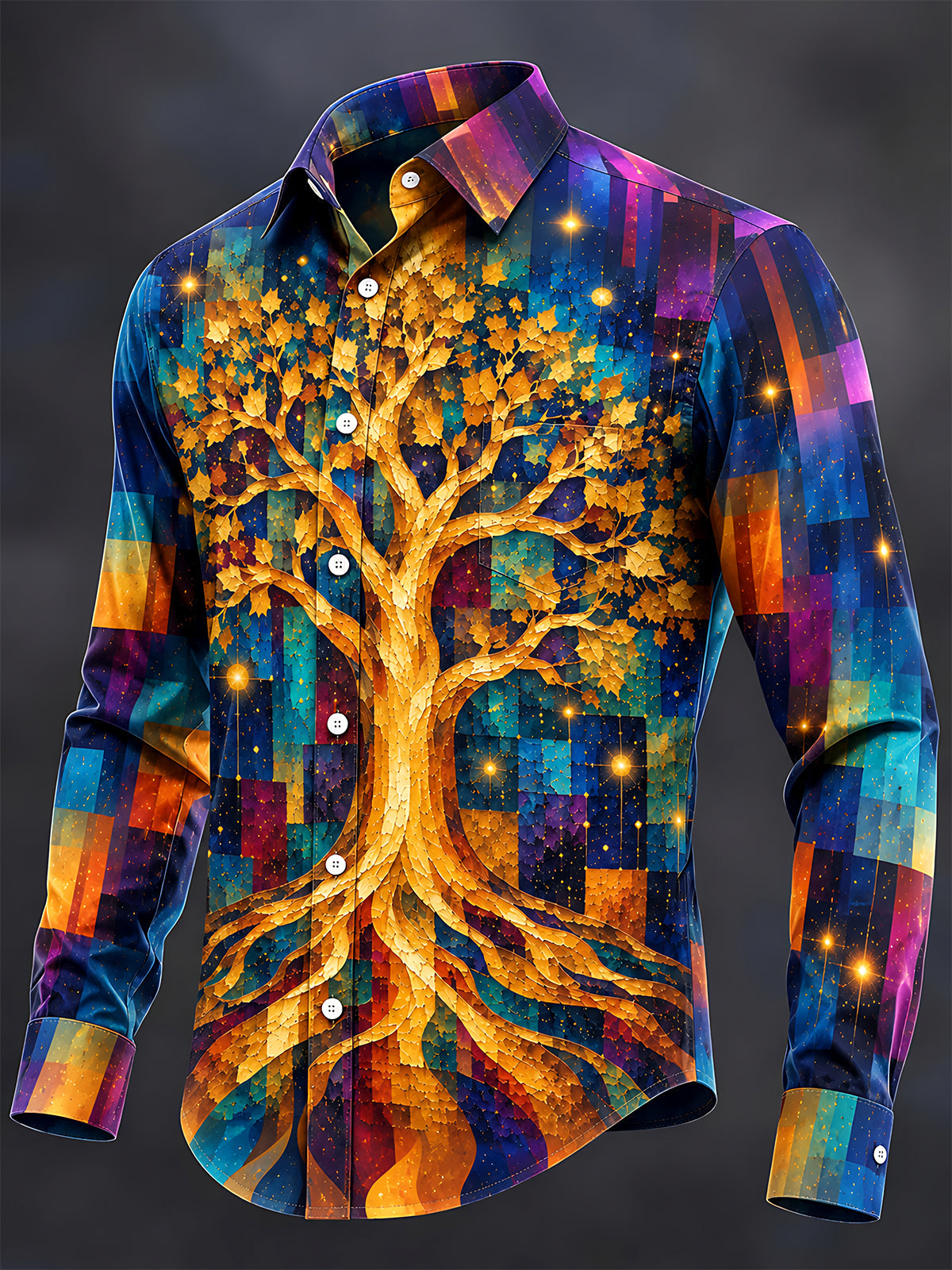 Adaychic Men's Long Sleeve Shirt - Golden Tree Of Life With Geometric Background Print with Chest Pocket