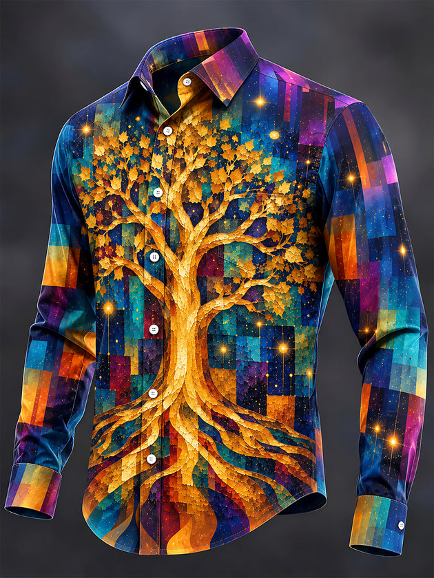 Adaychic Men's Long Sleeve Shirt - Golden Tree Of Life With Geometric Background Print with Chest Pocket
