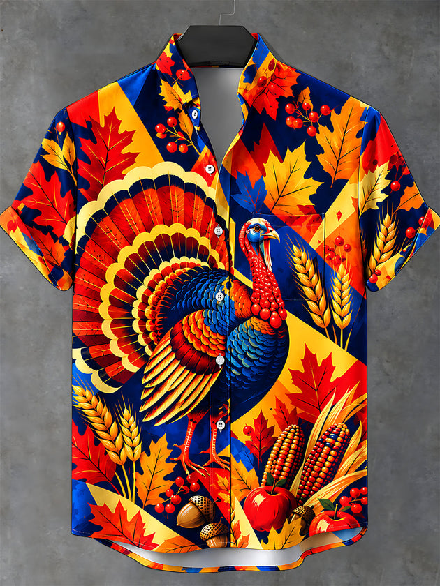 Adaychic Men's Short Sleeve Stand Collar Shirt - Thanksgiving Turkey And Harvest Elements Print with Chest Pocket