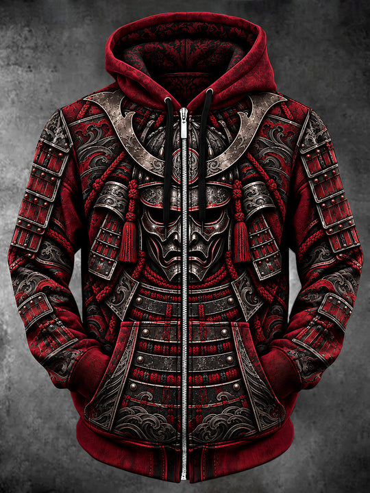 Adaychic Men's Graphic Samurai Armor And Mask Print Long Sleeve Zip-Up Hoodie