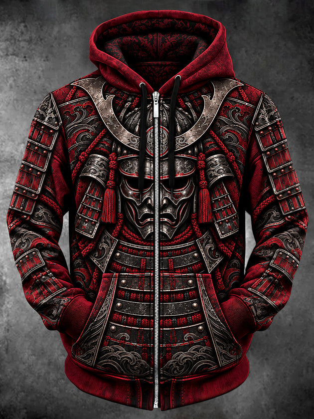 Adaychic Men's Graphic Samurai Armor And Mask Print Long Sleeve Zip-Up Hoodie