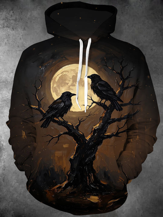 Adaychic Men's Crows On Withered Tree Under Full Moon Print Long Sleeve Hoodie