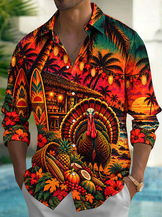 Adaychic Men's Thanksgiving Turkey And Harvest Basket Print Long Sleeve Shirt with Chest Pocket