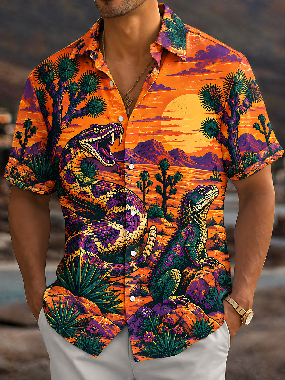 Adaychic Men's Short Sleeve Shirt - Desert Snake And Lizard Sunset Landscape Print with Chest Pocket