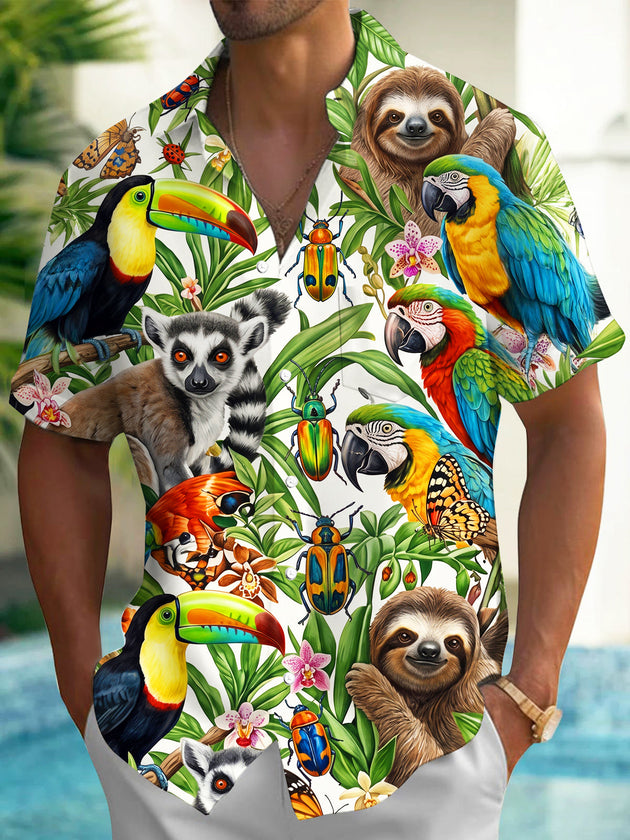 Adaychic Men's Rainforest Animals And Tropical Plants Print Short Sleeve Shirt with Chest Pocket