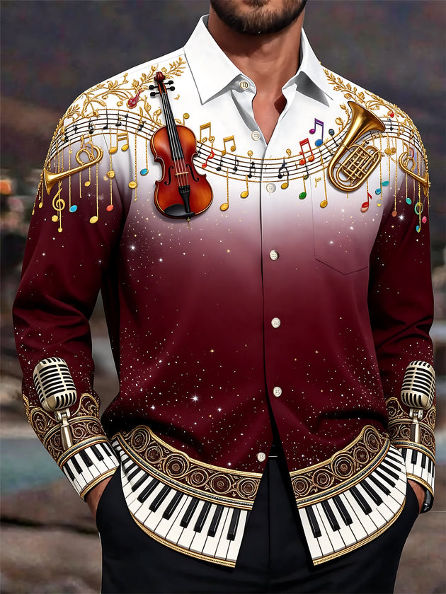 Adaychic Men's Graphic Musical Instruments And Notes Print Long Sleeve Shirt with Chest Pocket