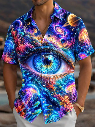 Adaychic Men's Hawaiian Cosmic Eye And Marine Life Print Short Sleeve Shirt with Chest Pocket
