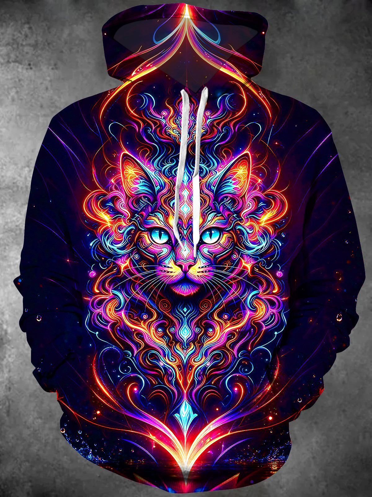 Adaychic Men's Psychedelic Neon Spirit Cat Totem Print Long Sleeve Hoodie