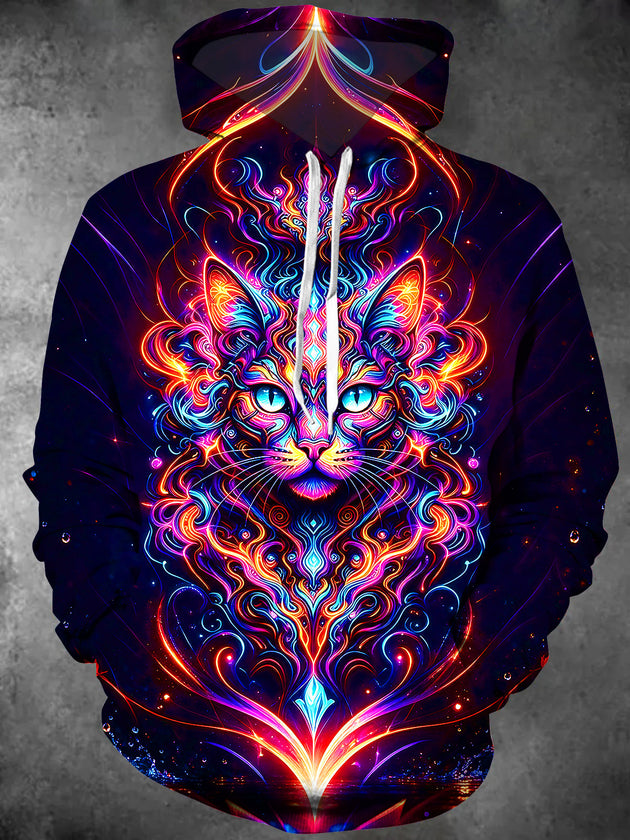 Adaychic Men's Psychedelic Neon Spirit Cat Totem Print Long Sleeve Hoodie