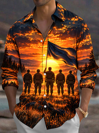 Adaychic Men's Veterans Day Soldiers And Flag At Sunset Print Long Sleeve Shirt with Chest Pocket
