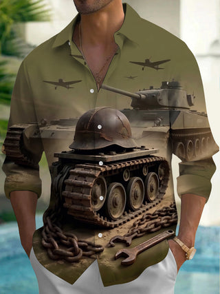 Adaychic Men's Military Tanks And Vintage Aircraft Print Long Sleeve Shirt with Chest Pocket