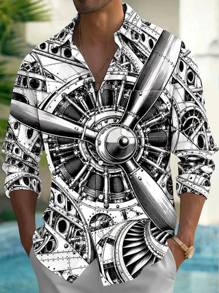 Adaychic Men's Graphic Aircraft Engine And Propeller Print Long Sleeve Shirt with Chest Pocket