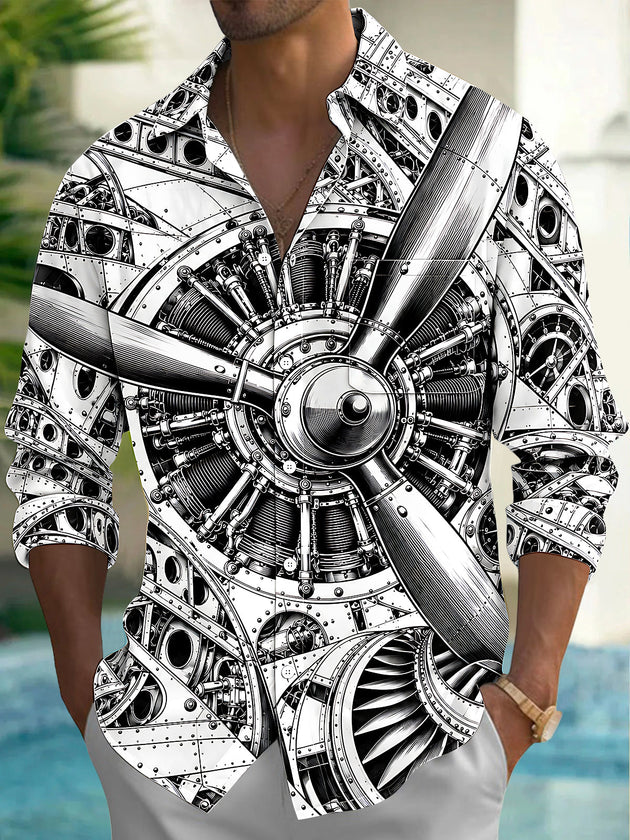 Adaychic Men's Graphic Aircraft Engine And Propeller Print Long Sleeve Shirt with Chest Pocket