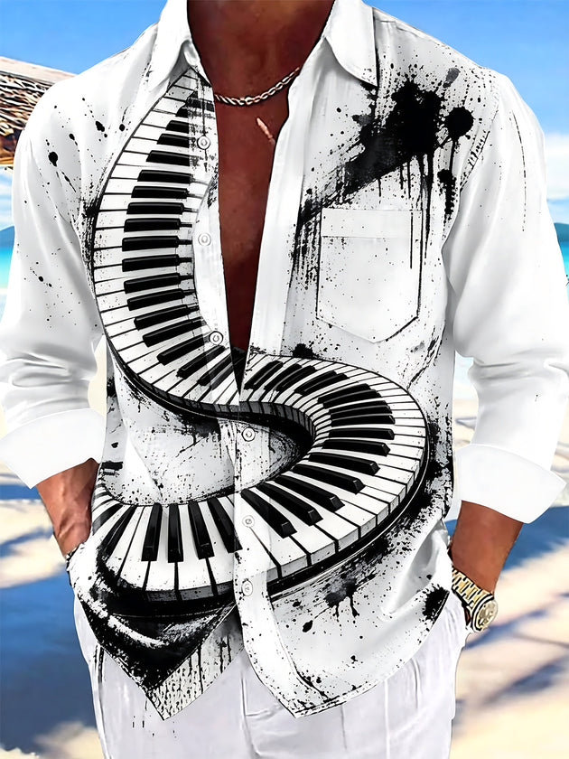 Adaychic Men's Spiral Piano Keys With Ink Splatter Print Long Sleeve Shirt with Chest Pocket