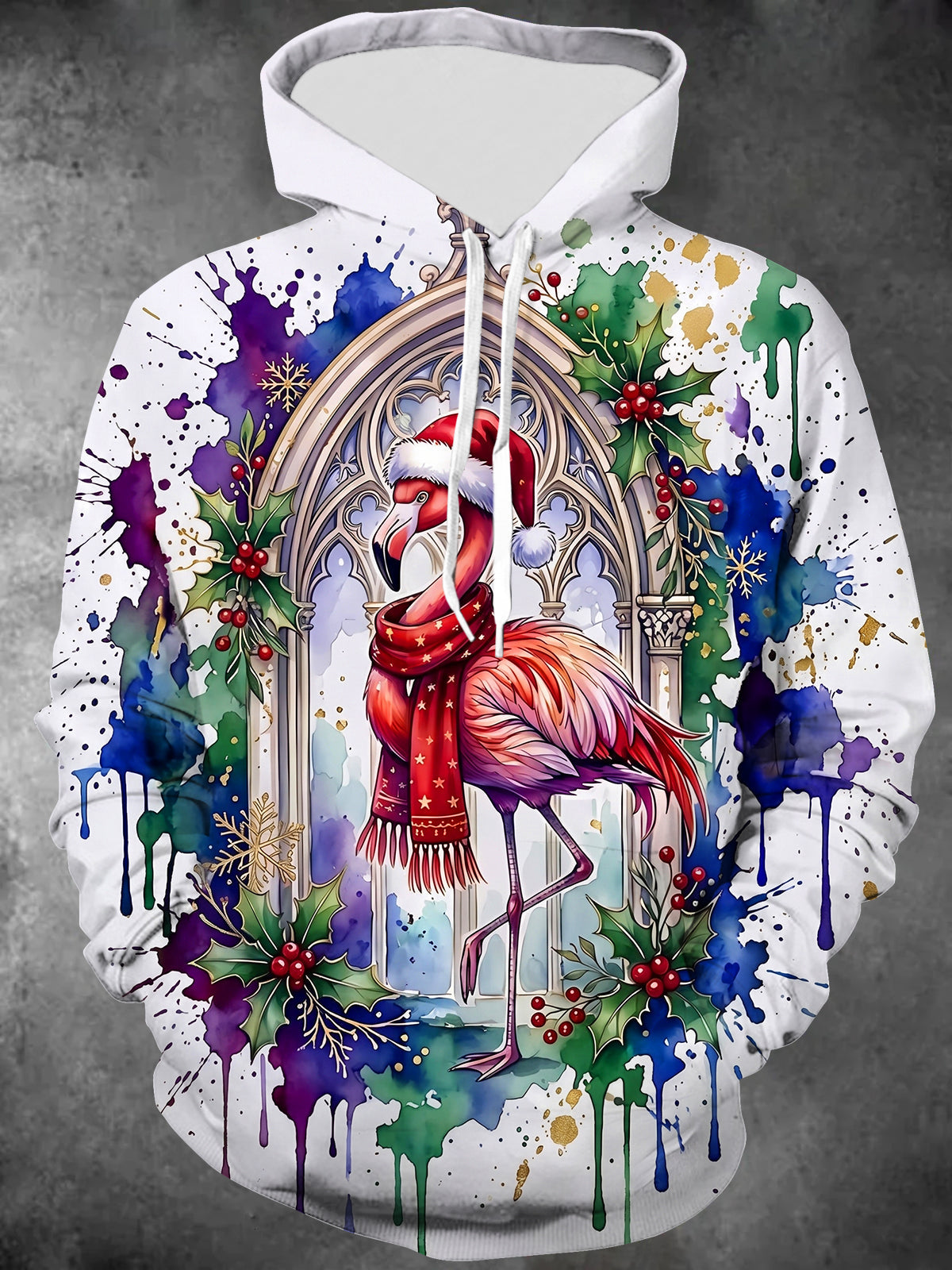 Adaychic Men's Long Sleeve Hoodie - Christmas Flamingo With Santa Hat And Scarf Print