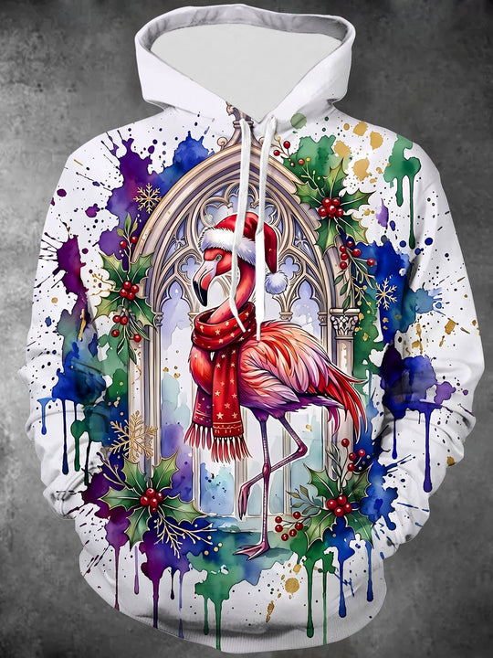 Adaychic Men's Long Sleeve Hoodie - Christmas Flamingo With Santa Hat And Scarf Print