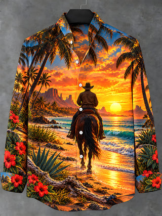 Adaychic Men's Long Sleeve Stand Collar Shirt - Cowboy On Horseback At Beach Sunset Print