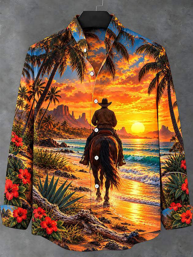 Adaychic Men's Long Sleeve Stand Collar Shirt - Cowboy On Horseback At Beach Sunset Print