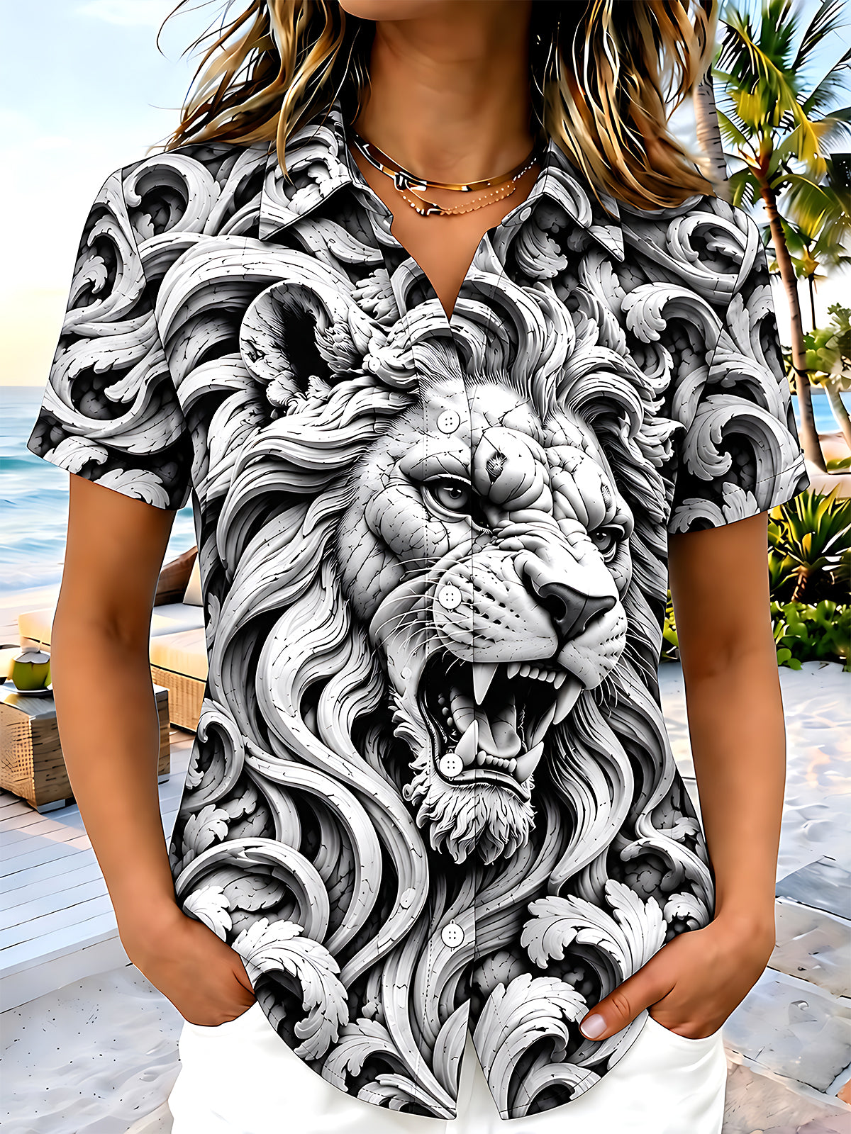 Adaychic Women's Lion Head With Baroque Scrollwork Print Short Sleeve Shirt