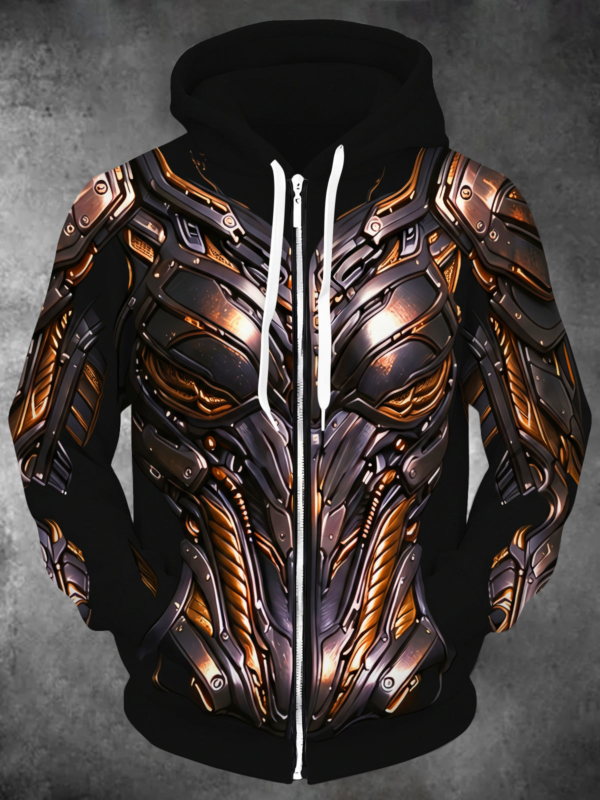 Adaychic Men's Graphic Bronze Mech Armor Print Long Sleeve Zip-Up Hoodie