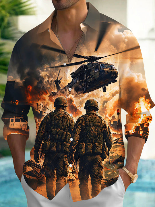 Adaychic Men's Printed Military Soldiers And Helicopter Print Long Sleeve Shirt with Chest Pocket