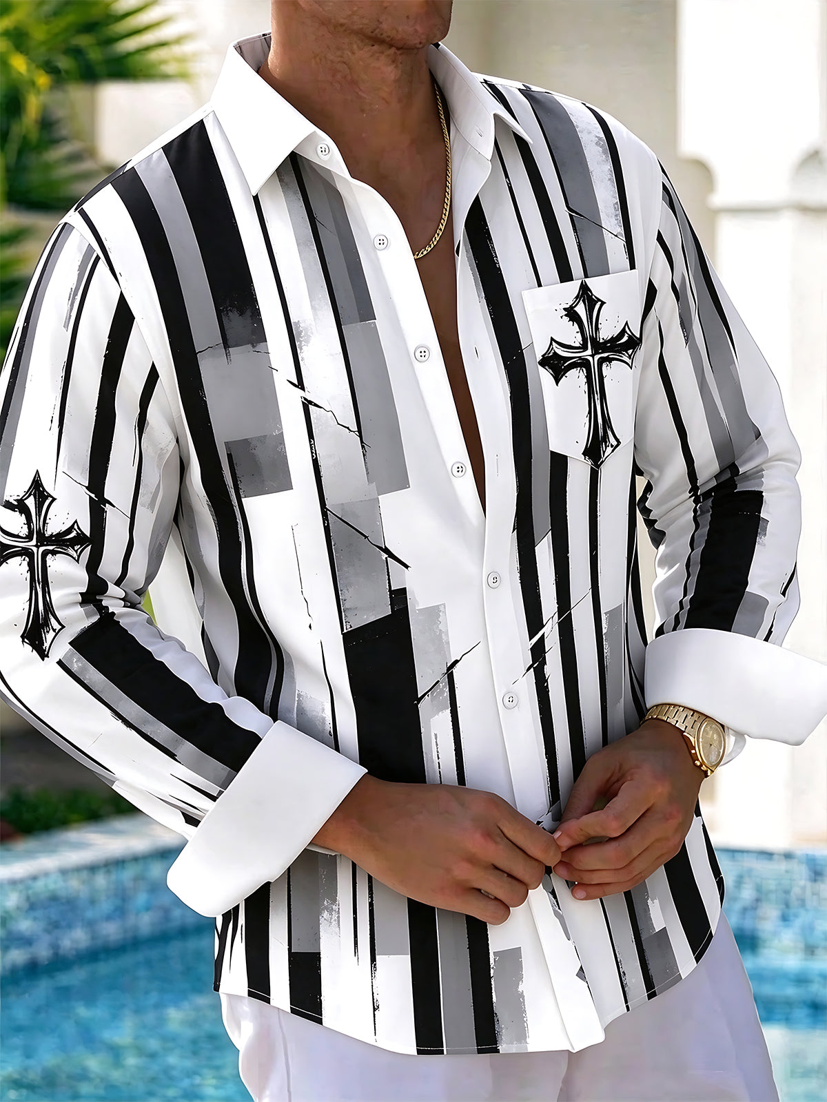 Adaychic Men's Long Sleeve Shirt - Black And White Striped Pattern With Cross Motifs with Chest Pocket