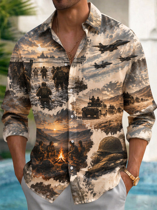 Adaychic Men's Long Sleeve Shirt - Veterans Day Military Soldiers And Beach Landing Scene Print with Chest Pocket