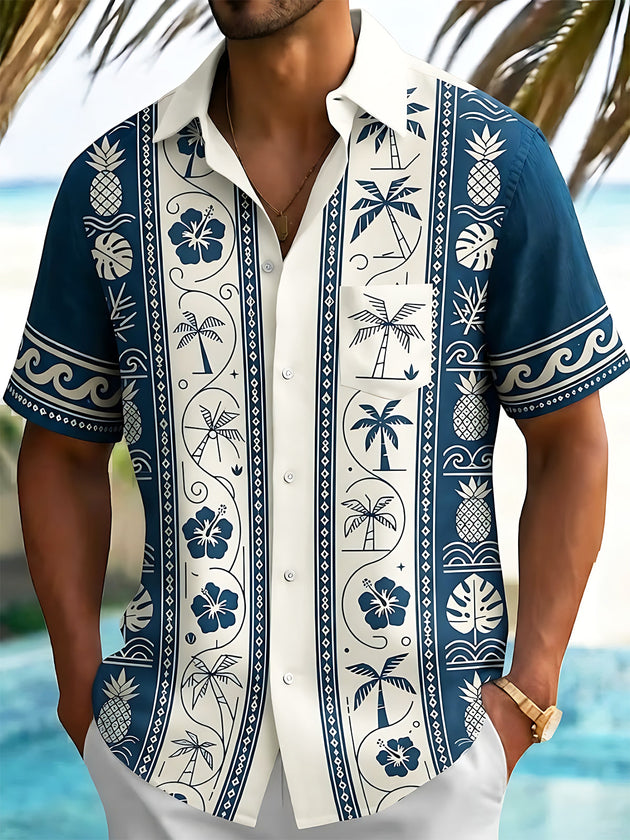 Adaychic Men's Hawaiian Pineapple And Palm Tree Print Short Sleeve Shirt with Chest Pocket
