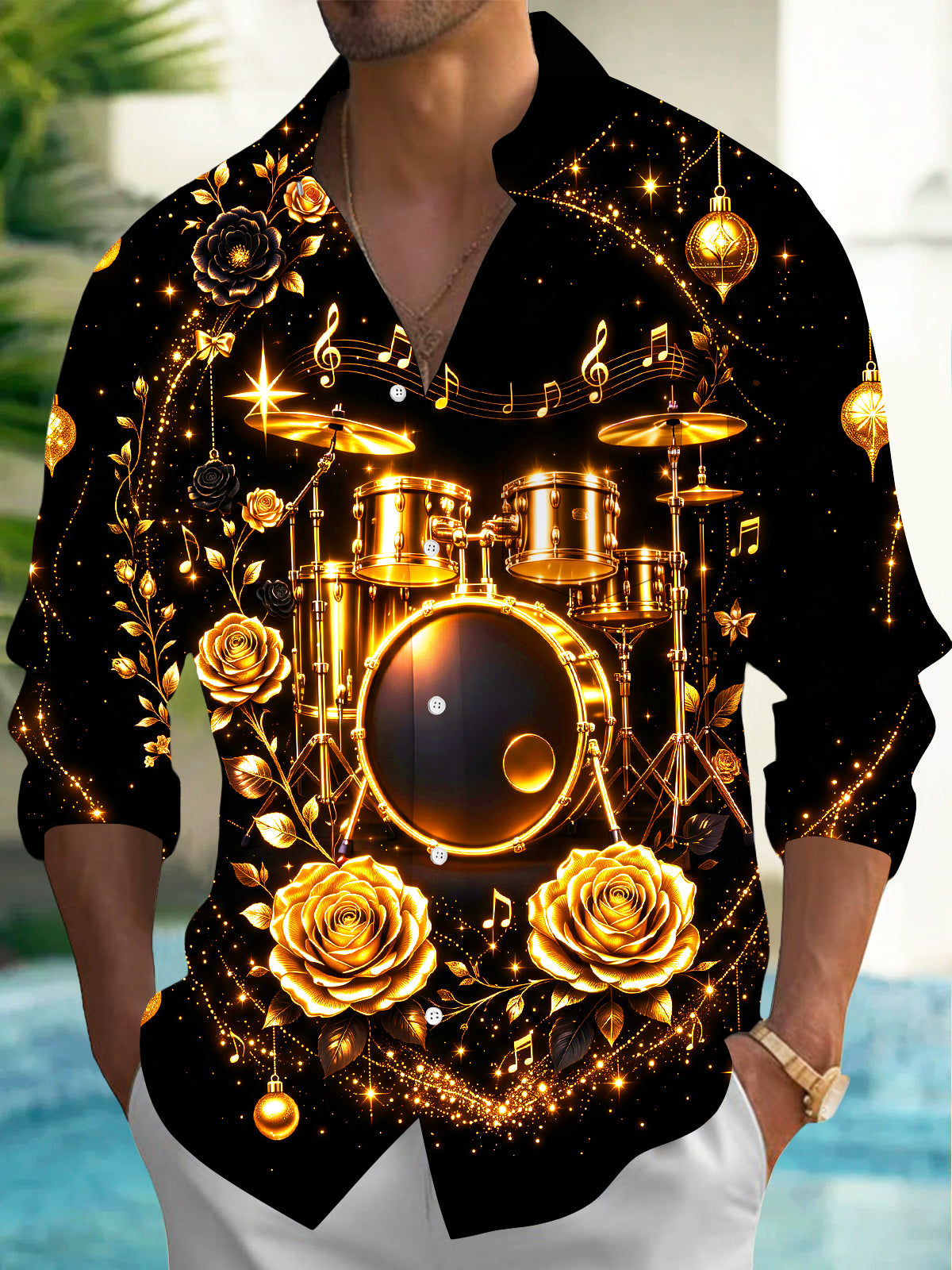 Adaychic Men's Long Sleeve Shirt - Christmas Ornaments And Musical Notes Print Golden Drum Set And Roses Print with Chest Pocket
