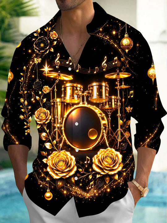 Adaychic Men's Long Sleeve Shirt - Christmas Ornaments And Musical Notes Print Golden Drum Set And Roses Print with Chest Pocket