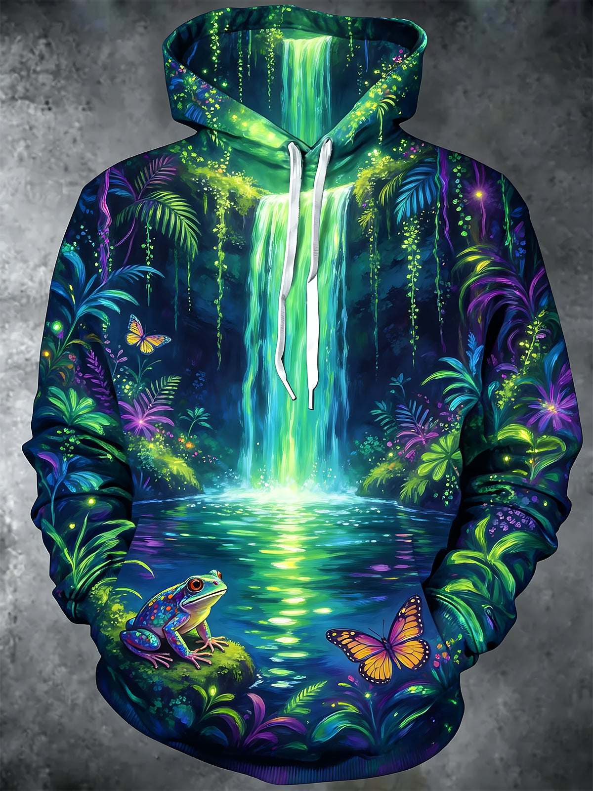Adaychic Men's Long Sleeve Hoodie - Tropical Waterfall With Frog And Butterflies Print