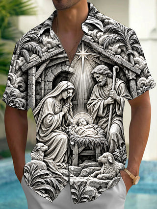 Adaychic Men's Short Sleeve Shirt - Nativity Scene With Holy Family And Star Of Bethlehem Print with Chest Pocket