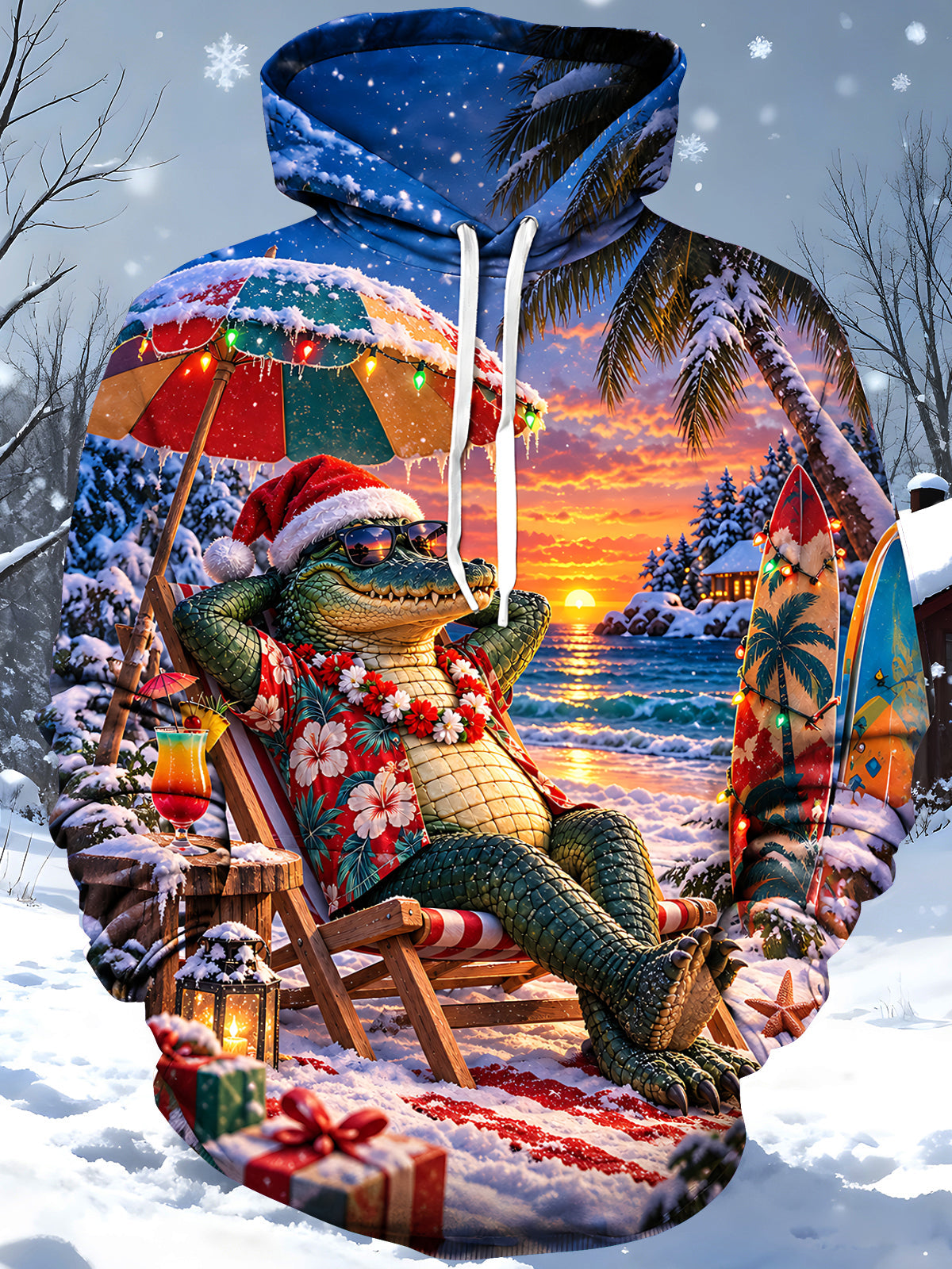 Adaychic Men's Graphic Christmas Crocodile Print Long Sleeve Hoodie