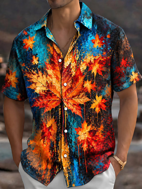 Adaychic Men's Hawaiian Maple Leaf Autumn Pattern Short Sleeve Shirt with Chest Pocket