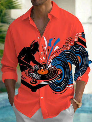 Adaychic Men's Graphic DJ Silhouette And Vinyl Records Print Long Sleeve Shirt with Chest Pocket