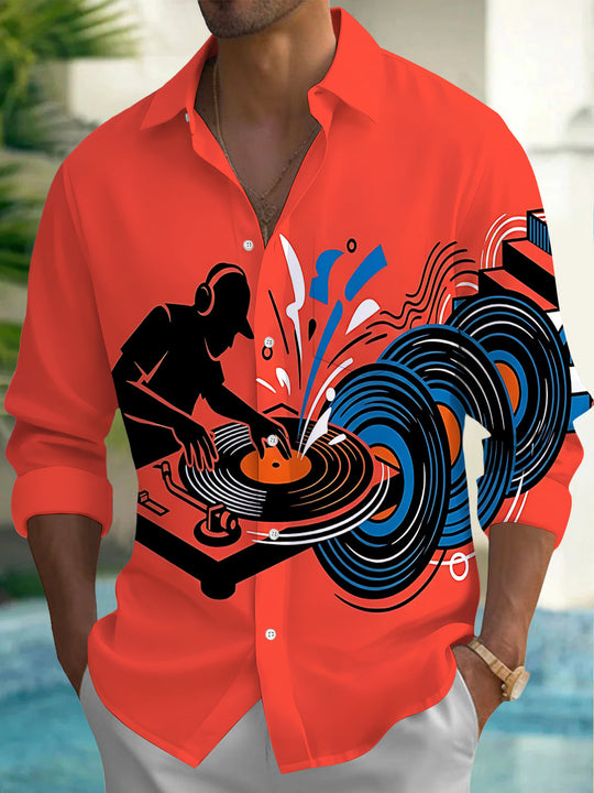 Adaychic Men's Graphic DJ Silhouette And Vinyl Records Print Long Sleeve Shirt with Chest Pocket